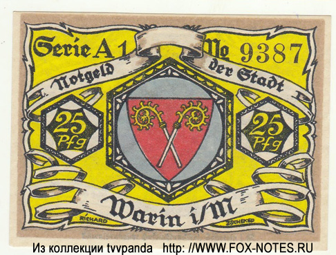 Notgeld der Stadt Warin. 25 Pfennig. Gültig bis 1.03.1922. Serie A1