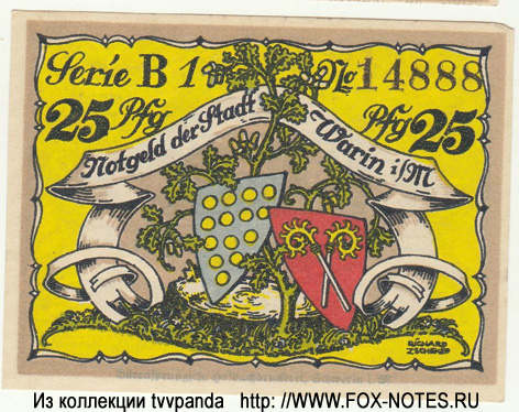 Notgeld der Stadt Warin. 25 Pfennig. Gültig bis 1.03.1922. Serie B1