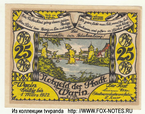 Notgeld der Stadt Warin. 25 Pfennig. Gültig bis 1.03.1922. Serie C1