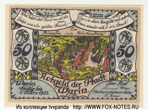 Notgeld der Stadt Warin. 50 Pfennig. Gültig bis 1.03.1922. Serie C2