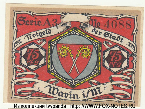 Notgeld der Stadt Warin. 75 Pfennig. Gültig bis 1.03.1922. Serie A3