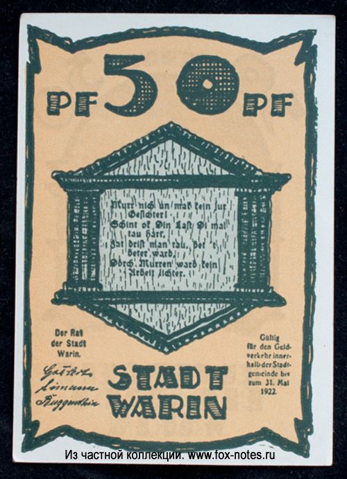 Reutergeld Stadt Warin. 50 Pfennig 1922