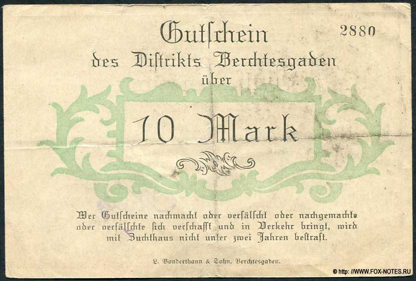 Distrikt Berchtesgaden. Gutschein. 10 Mark. 29. Aprilr 1919.
