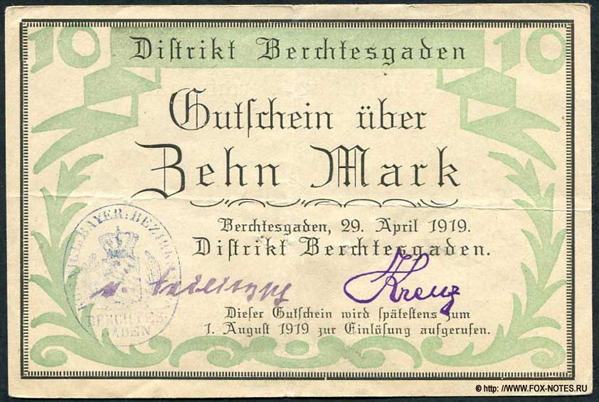 Distrikt Berchtesgaden. Gutschein. 10 Mark. 29. Aprilr 1919.