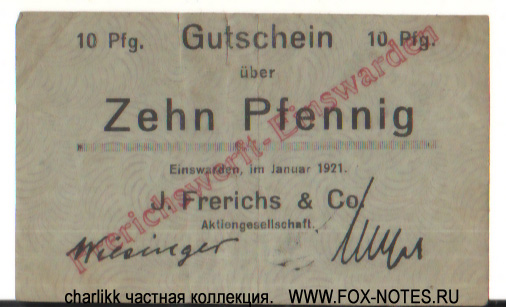 J. Frerichs & Co. Aktiengesellschaft. Gutschein. 10 Pfennig. Januar 1921.
