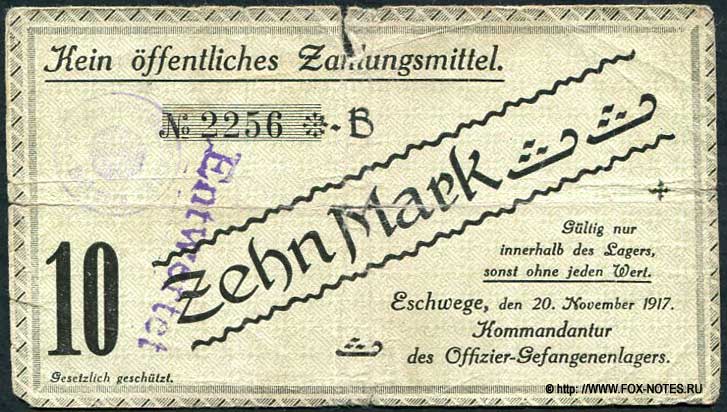 Offizier Gefangenenlager, Eschwege 10 Mark 1916
