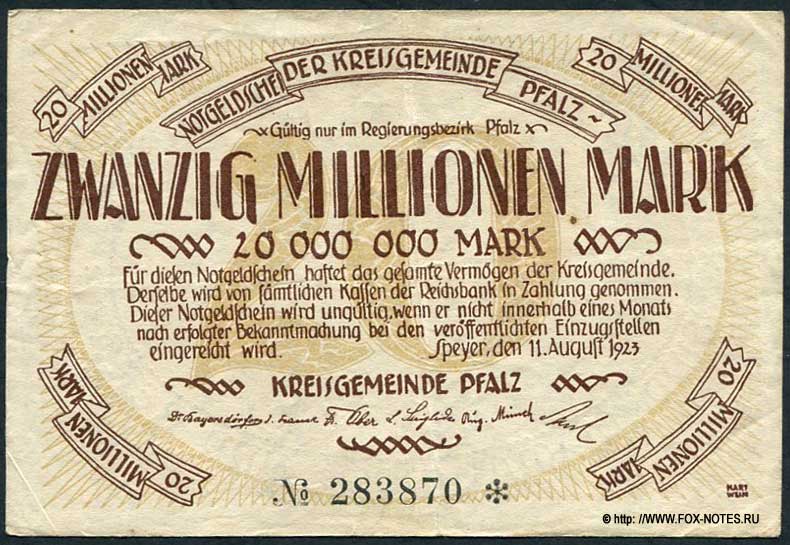 Notgeld der Kreisgemeinde Pfalz.  20 Millionen Mark 1923.