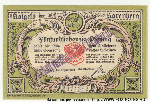 Stadt Nörenberg 75 Pfennig 1920