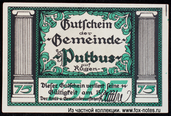 Gemeinde Putbus 75 Pfennig Notgeld