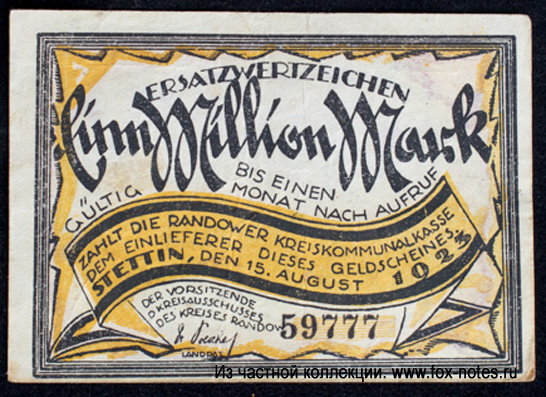 Kreiskommunalkasse Stettin. Ersatzwertzeichen. 1 Million Mark. 15. August 1923.