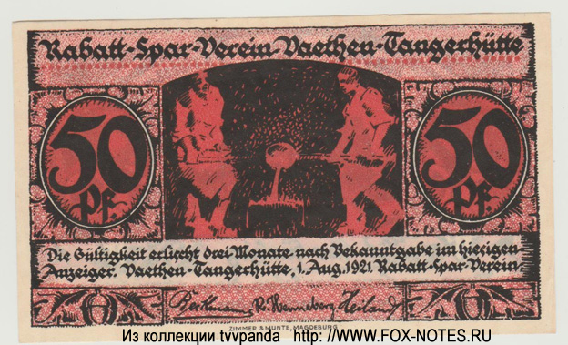 Rabatt-Spar-Verein Vaethen-Tangerhütte 50 Pfennig 1921