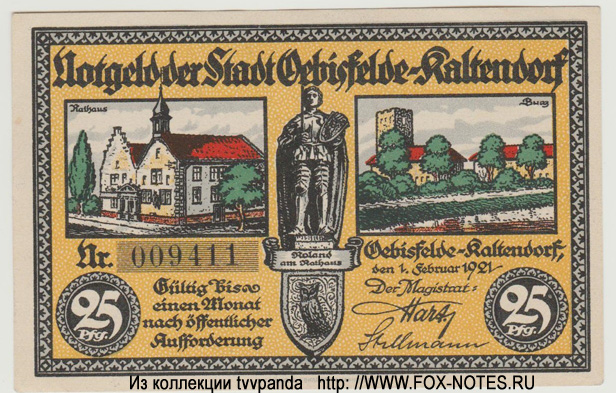 Notgeld der Stadt Oebisfelde-Kaltendorf. 25 Pfennig 1921.