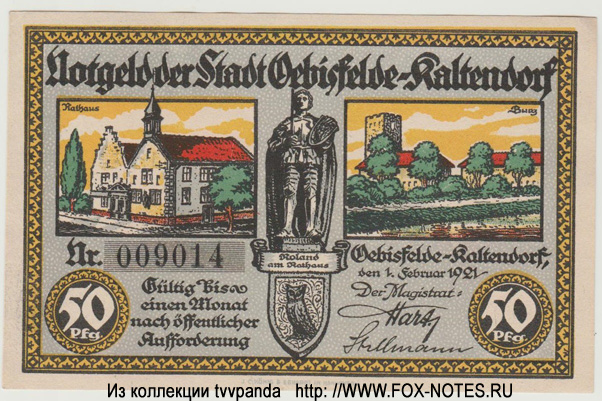 Notgeld der Stadt Oebisfelde-Kaltendorf. 50 Pfennig 1921.