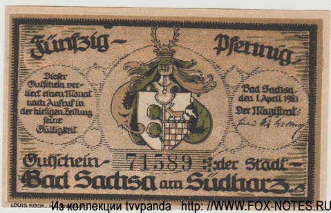  Stadt Bad Sachsa 50 Pfennig 1921