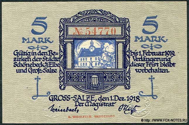 Stadte Schönebeck und Gross-Salze 5 Mark 1918