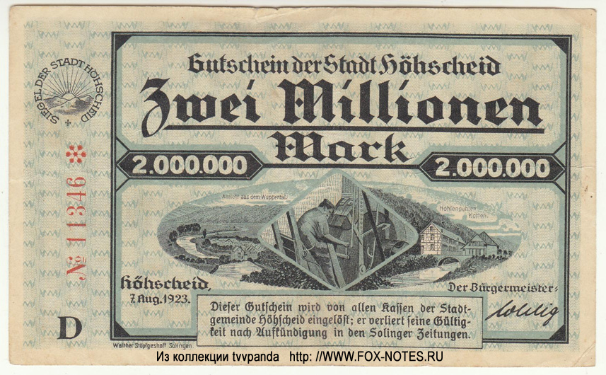 Gutschein der Stadt Höhscheid. 2000000 Mark. 7. August 1923.