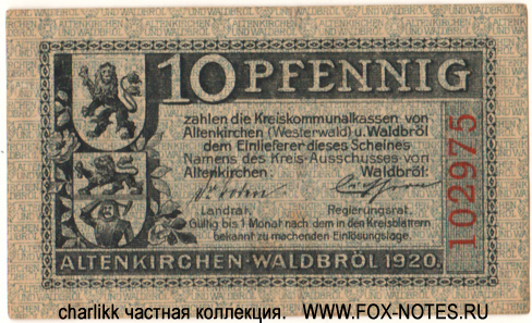 Kreiskommunalkassen Waldbröl Gutschein. 10 Pfennig. 1920.