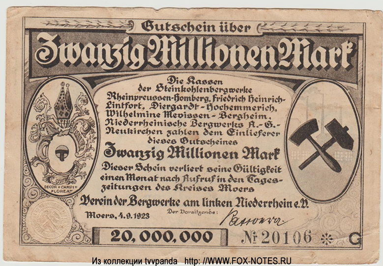 Verein der Bergwerke am linken Niederrhein e.V. 20 Millionen Mark 1923