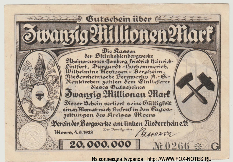 Verein der Bergwerke am linken Niederrhein e.V. 20.000.000 Mark 1923