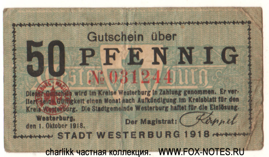 Notgeld der Stadt Westerburg 50 Pfennig 1918