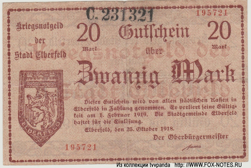 Kriegsnotgeld der Stadt Elberfeld. 20 Mark. 25. Oktober 1918.