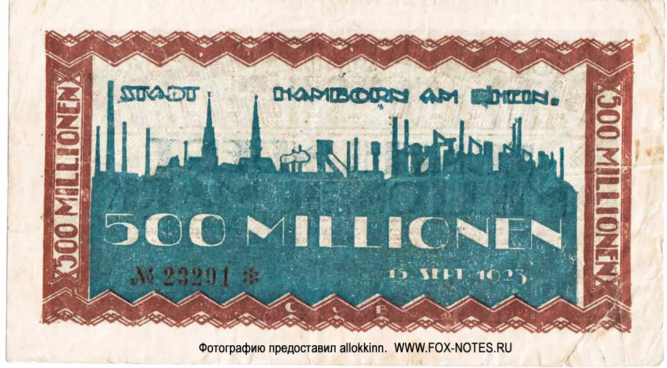 Stadt Hamborn am Rhein 500 Millionen Mark 1923 notgeld