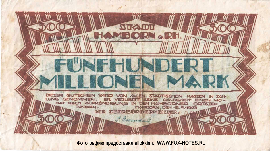 Stadt Hamborn am Rhein 500 Millionen Mark 1923