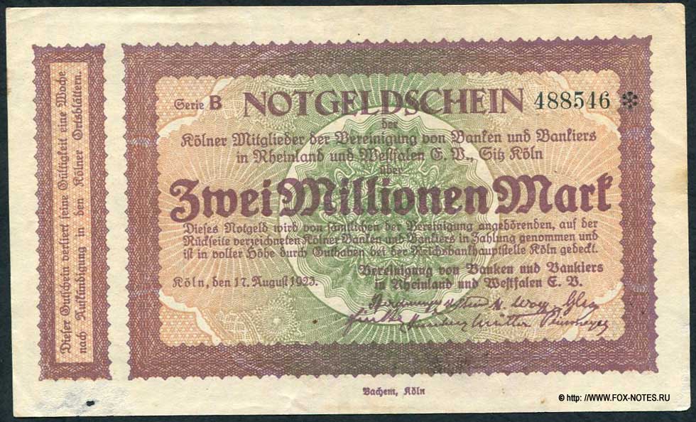 Köln Vereinigung v. Bankiers und Banken d. Rheinlandes 2 Millionen Mark. 17. August 1923.