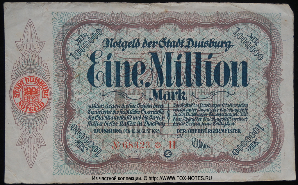 Stadt Duisburg 1000000 Mark 1923 Notgeld