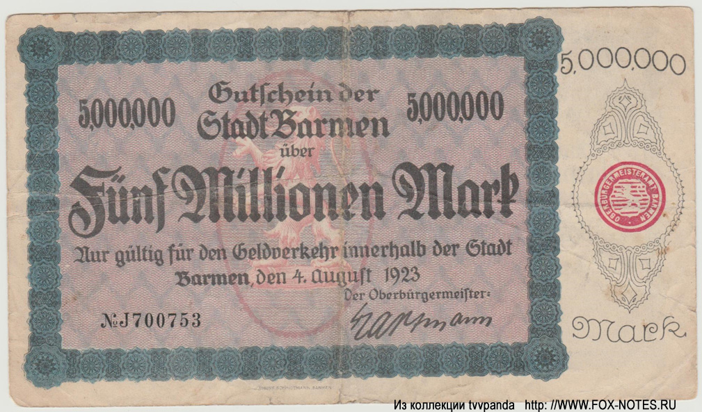 Stadt Barmen 5 Millionen Mark 1923
