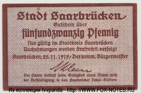 Stadt Saarbrücken 25 pfennig 1919