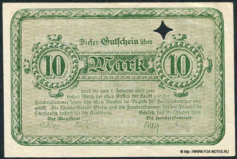 Handelskammer Görlitz Gutschein. 10 Mark. 18. Oktober 1918.