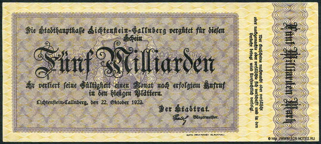 Stadt Lichtenstein-Callnberg Gutschein. 5 Milliarden Mark. 22. Oktober 1923.