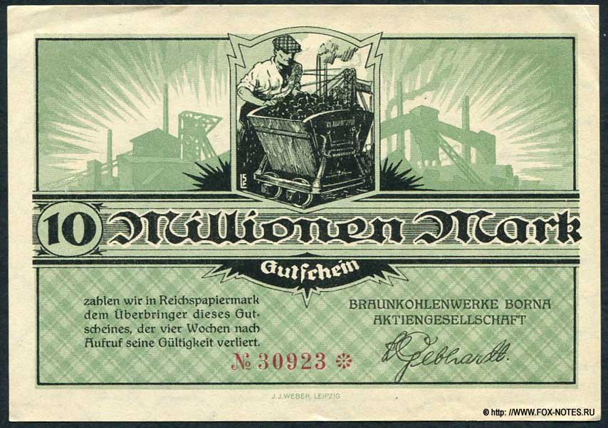 Braunkohlenwerke Borna Aktiengesellschaft 10 Millionen Mark 1923