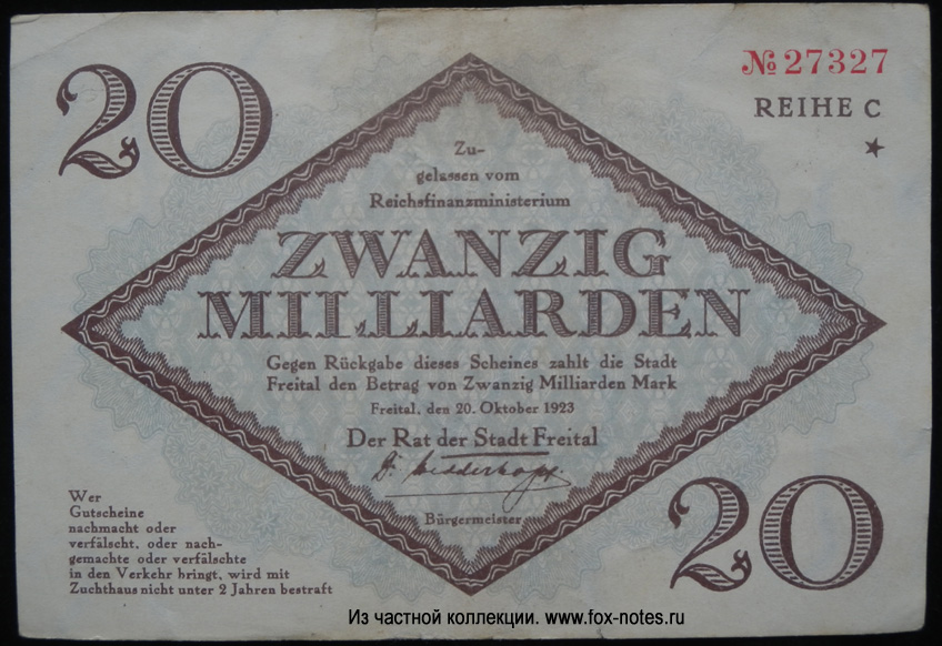 Stadt Freital 20 Milliard Mark 1923