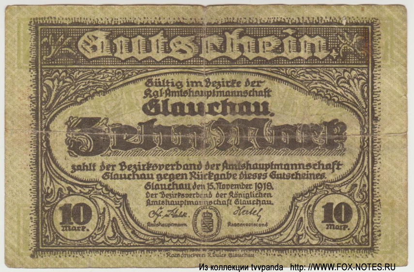 Bezirk der Amtshauptmannschaft Kreis Glauchau 10 Mark 1918