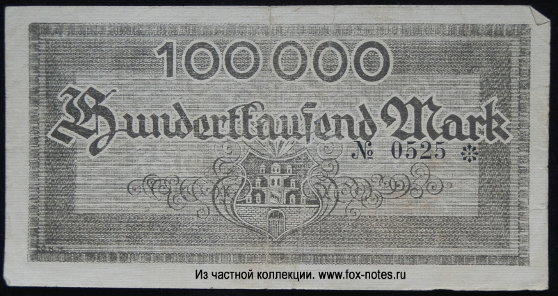 Notgeldschein der Stadt Meerane. 100000 Mark 1923.