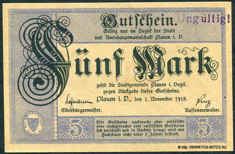 Stadtgemeinde Plauen 5 Mark 1918