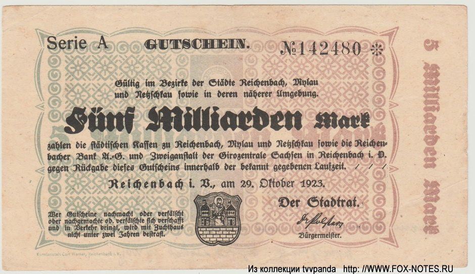 Stadtg Reichenbach 5 Milliarden Mark 1923