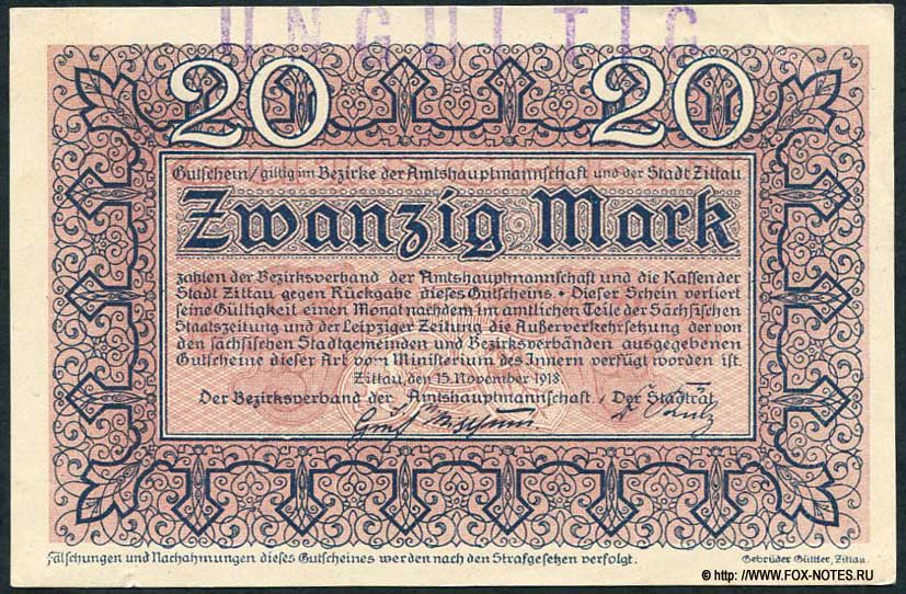 Amtshaptmannschaft und Stadt Zittau 20 Mark 1918