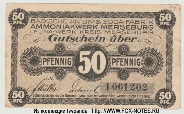 Badische Anilin-& Soda-Fabrik, Ammoniakwerk Merseburg 50 Pfennig 1917