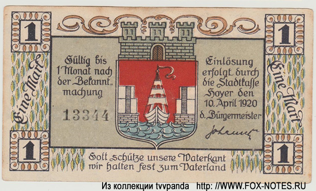 Stadtkasse Hoyer 1 Mark 1920 