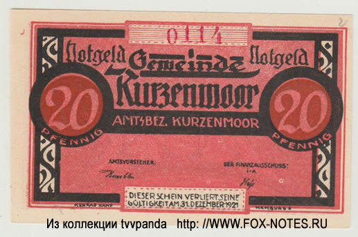 Gemeinde Kurzenmoor 20 Pfennig