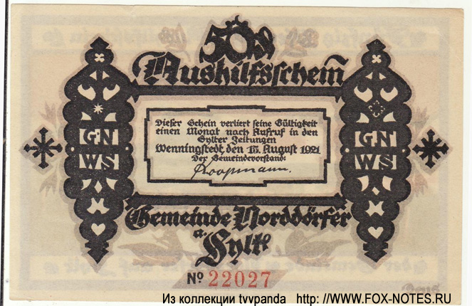 Gemeinde Wenningstedt 50 Pfennig 1921