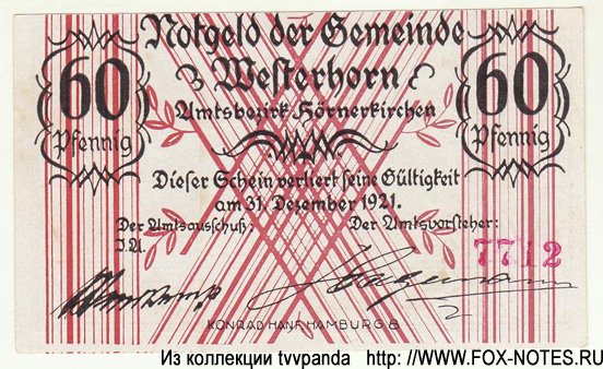 Notgeld der Gemeinde Westerhorn. 60 Pfennig 1921.