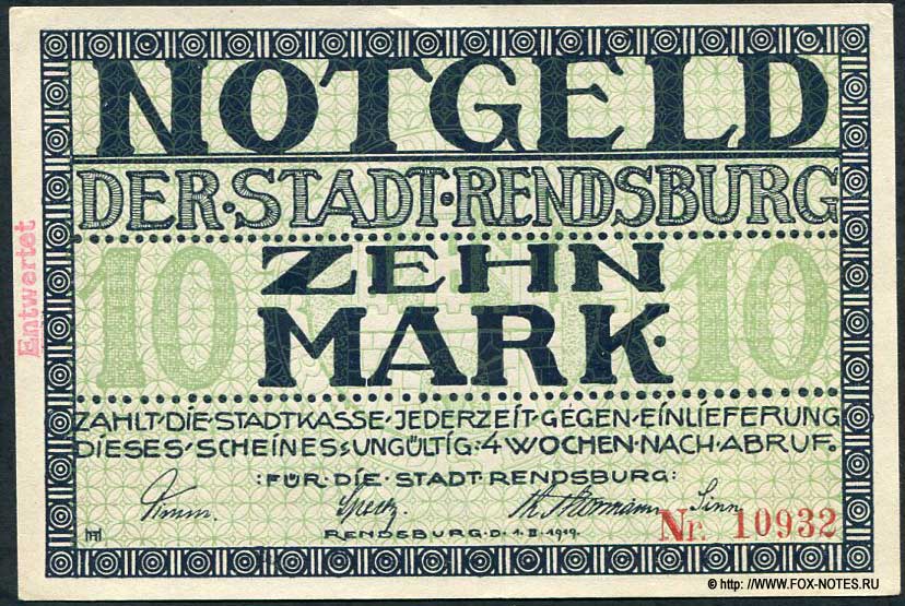 Stadt Rendsburg 10 Mark 1919