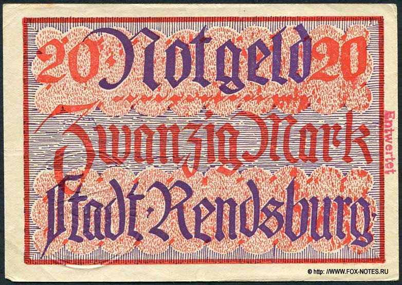 Stadt Rendsburg 20 Mark 1918 Gutschein. 10. Oktober 1918.