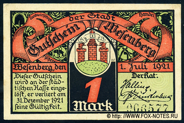 Gutschein der Stadt Wesenberg. 1 Mark. 1. Juli 1921.