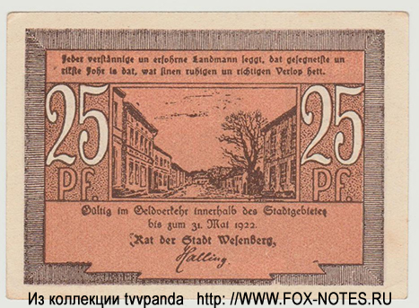 Reutergeld der Stadt Wesenberg. 25 Pfennig.