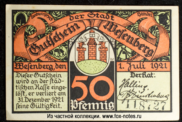Gutschein der Stadt Wesenberg. 50 Pfennig. 1. Juli 1921.